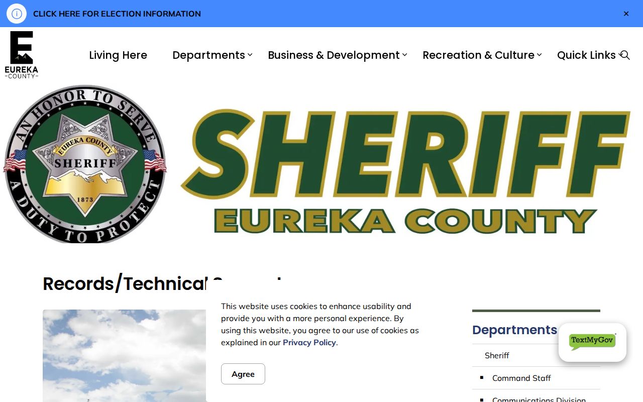 Eureka County Sheriff Records and Technical Support page