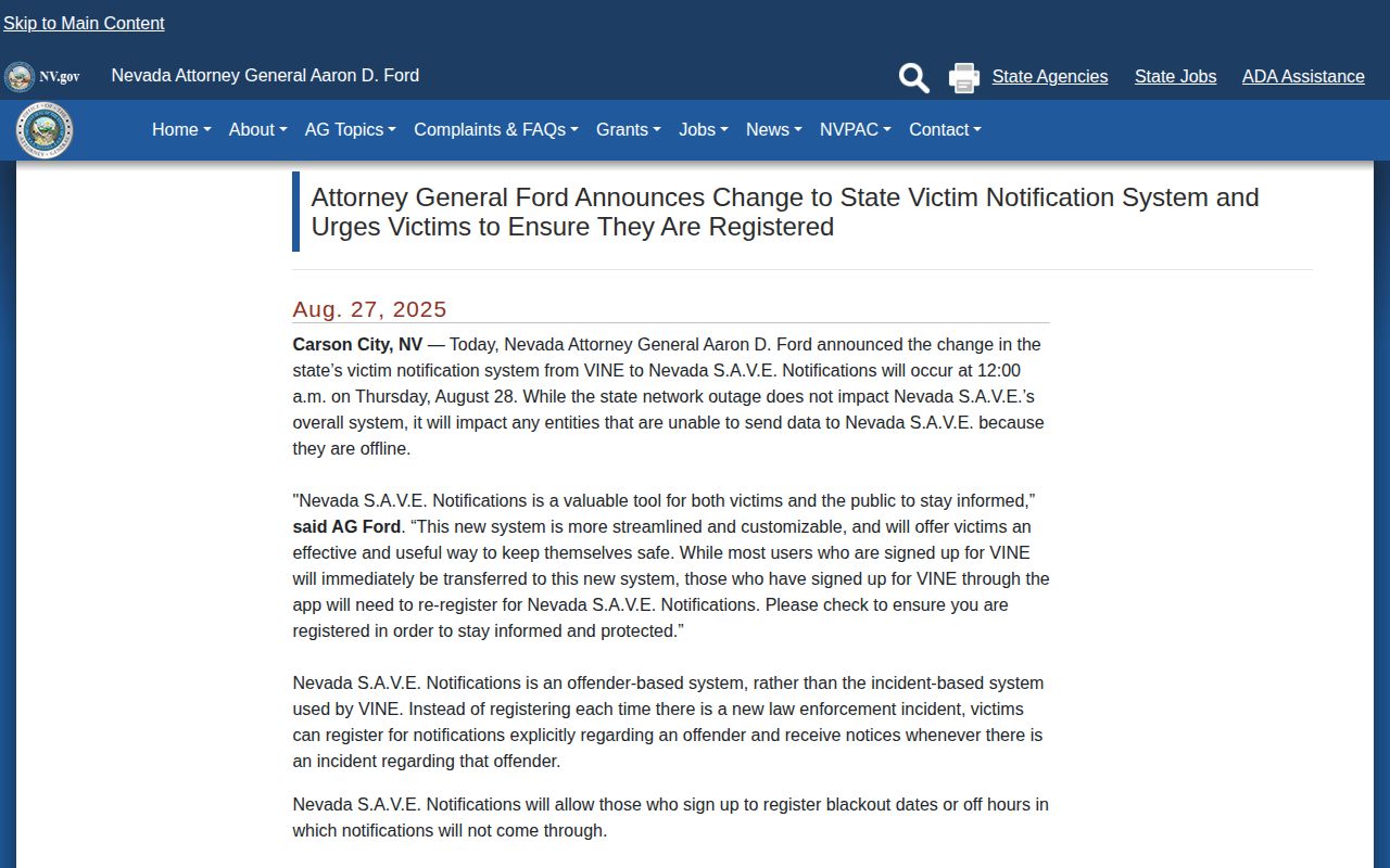 Nevada Attorney General announcement of transition from VINE to SAVE