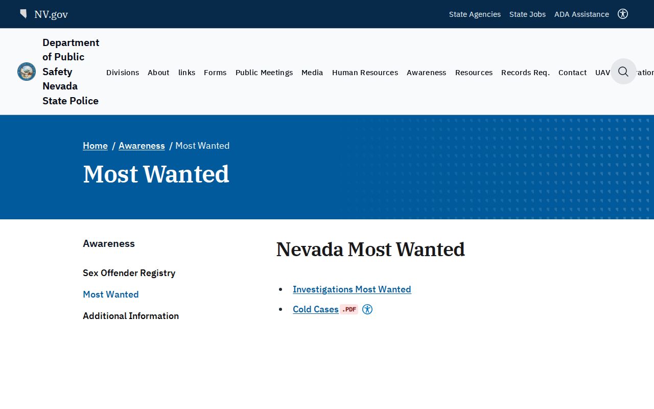 Nevada Department of Public Safety statewide Most Wanted page