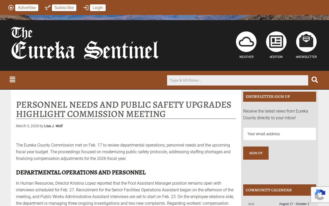 Eureka County arrest custody and outside-housing report from Eureka Sentinel