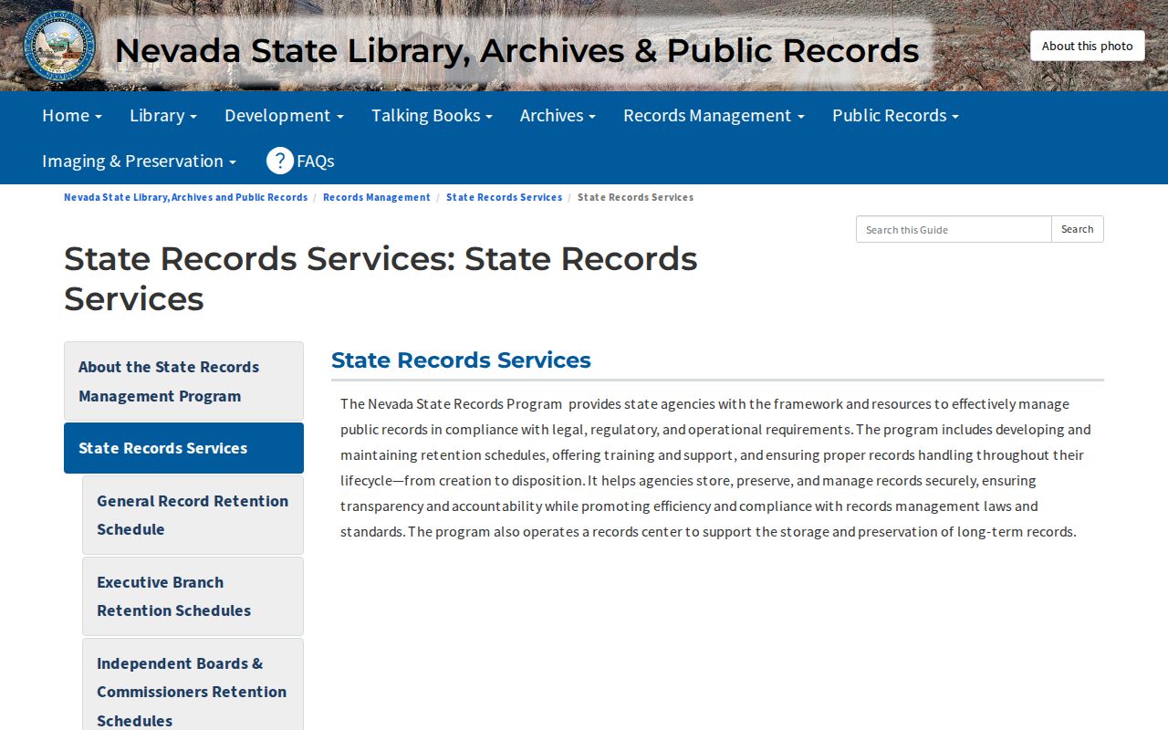 Nevada State Records Services webpage